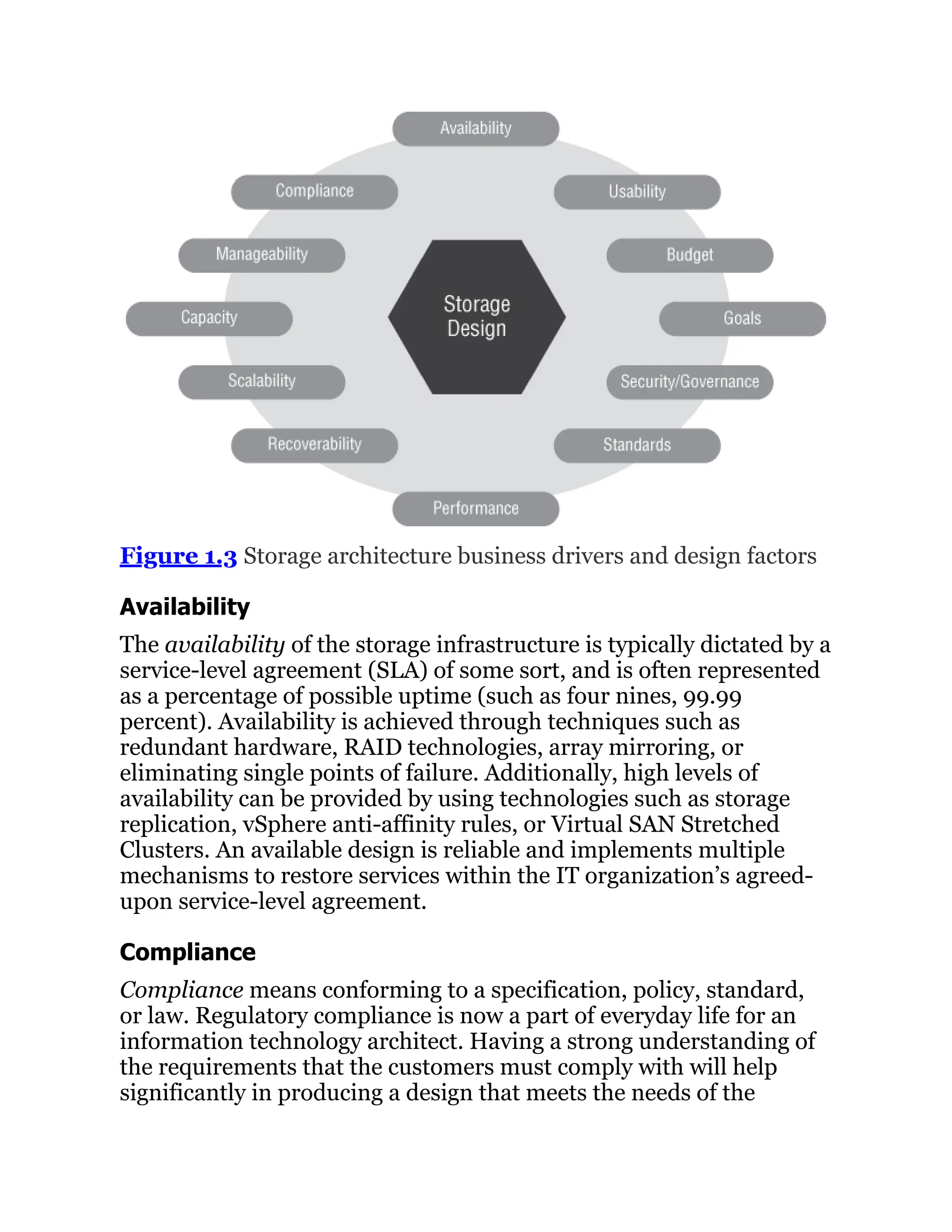 Figure 1.3 Storage architecture business drivers and design factors
Availability
The availability of the storage infrastructure is typically dictated by a
service-level agreement (SLA) of some sort, and is often represented
as a percentage of possible uptime (such as four nines, 99.99
percent). Availability is achieved through techniques such as
redundant hardware, RAID technologies, array mirroring, or
eliminating single points of failure. Additionally, high levels of
availability can be provided by using technologies such as storage
replication, vSphere anti-affinity rules, or Virtual SAN Stretched
Clusters. An available design is reliable and implements multiple
mechanisms to restore services within the IT organization’s agreed-
upon ­
service-level agreement.
Compliance
Compliance means conforming to a specification, policy, standard,
or law. Regulatory compliance is now a part of everyday life for an
information technology architect. Having a strong understanding of
the requirements that the customers must comply with will help
significantly in producing a design that meets the needs of the
 