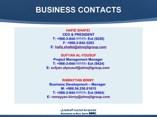BUSINESS CONTACTS
HAFIZ SHAFEI
CEO & PRESIDENT
T: +966-3-844-11111- Ext (9228)
F: +966-3-842-3263
E: hafiz.shafei@almojilgroup.com
SUFYAN AL-YOUSUF
Project Management Manager
T: +966-3-844-11111- Ext (9424)
E: sufyan.alyousuf@almojilgroup.com
RAMAYYAN.BINNY
Business Development – Manager
M: +966.54.256.61615
T: +966-3-844-11111- Ext (9464)
E: ramayyan.binny@almojilgroup.com
 