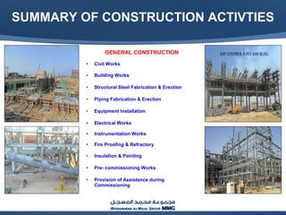 SUMMARY OF CONSTRUCTION ACTIVTIES
GENERAL CONSTRUCTION
• Civil Works
• Building Works
• Structural Steel Fabrication & Erection
• Piping Fabrication & Erection
• Equipment Installation
• Electrical Works
• Instrumentation Works
• Fire Proofing & Refractory
• Insulation & Painting
• Pre- commissioning Works
• Provision of Assistance during
Commissioning
 