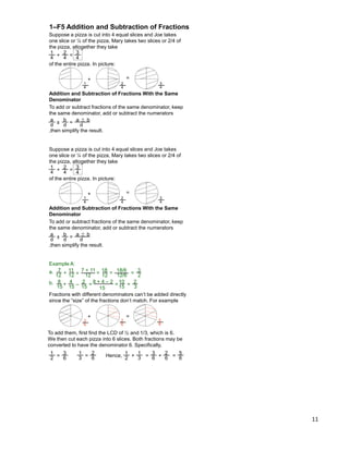 11
Suppose a pizza is cut into 4 equal slices and Joe takes
one slice or ¼ of the pizza, Mary takes two slices or 2/4 of
the pizza, altogether they take
+
1–F5 Addition and Subtraction of Fractions
Addition and Subtraction of Fractions With the Same
Denominator
To add or subtract fractions of the same denominator, keep
the same denominator, add or subtract the numerators
,then simplify the result.
1
4
2
4 = 3
4
of the entire pizza. In picture:
a
d
b
d = a ± b
d
+ =
1
4
2
4
3
4
Suppose a pizza is cut into 4 equal slices and Joe takes
one slice or ¼ of the pizza, Mary takes two slices or 2/4 of
the pizza, altogether they take
+
Addition and Subtraction of Fractions With the Same
Denominator
To add or subtract fractions of the same denominator, keep
the same denominator, add or subtract the numerators
,then simplify the result.
1
4
2
4 = 3
4
of the entire pizza. In picture:
a
d
b
d = a ± b
d
+ =
1
4
2
4
3
4
Example A:
a. 7
12 + =7 + 11
12
18
12
= 3
2
18/6
12/6 =
+ = 8 + 4 – 2
15
= 2
3=b. 8
15
4
15 – 2
15
10
15
11
12 =
Fractions with different denominators can‟t be added directly
since the “size” of the fractions don‟t match. For example
To add them, first find the LCD of ½ and 1/3, which is 6.
We then cut each pizza into 6 slices. Both fractions may be
converted to have the denominator 6. Specifically,
+
3
6
2
6
=
1
2 = 3
6
1
3 = 2
6 Hence, 1
2 + 1
3 = 3
6 + 2
6 = 5
6
5
6
 