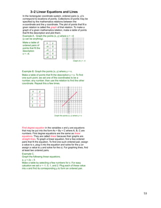 53
Example A. Graph the points (x, y) where x = –4
(y can be anything).
x y
–4 0
–4 2
–4 4
–4 6
Graph of x = –4
Make a table of
ordered pairs of
points that fit the
description
x = –4.
In the rectangular coordinate system, ordered pairs (x, y)‟s
correspond to locations of points. Collections of points may be
specified by the mathematics relations between the
x-coordinate and the y coordinate. The plot of points that fit a
given relation is called the graph of that relation. To make a
graph of a given mathematics relation, make a table of points
that fit the description and plot them.
3–2 Linear Equations and Lines
x y
-1 -1
0 0
1 1
2 2
Example B. Graph the points (x, y) where y = x.
Make a table of points that fit the description y = x. To find
one such point, we set one of the coordinates to be a
number, any number, than use the relation to find the other
coordinate. Repeat this a few times.
Graph the points (x, y) where y = x
First degree equation in the variables x and y are equations
that may be put into the form Ax + By = C where A, B, C are
numbers. First degree equations are the same as linear
equations. They are called linear because their graphs are
straight lines. To graph a linear equation, find a few ordered
pairs that fit the equation. To find one such ordered pair, assign
a value to x, plug it into the equation and solve for the y (or
assign a value to y and solve for the x). For graphing lines, find
at least two ordered pairs.
Example C.
Graph the following linear equations.
a. y = 2x – 5
Make a table by selecting a few numbers for x. For easy
caluation we set x = -1, 0, 1, and 2. Plug each of these value
into x and find its corresponding y to form an ordered pair.
 