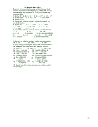 69
Ex.ercise A. Convert the following numbers into standard
notation. Remember that multiplying by 10positive power makes a
number larger, and multiplying by 10negative power makes the
number smaller.
Scientific Notation
1. 2.41 x 103 2. 2.41 x 10–3 3. 315 x 10–2 4. 315 x 102
5. 0.762 x 10–5 7. 5.93 x 10–66. 0.762 x 105
8. 593000 x 10–6
B. Convert the following numbers in scientific notation into
standard notation.
9. 5.31 x 103 10. 2.41 x 10–3 11. 3.1 x 10–2
12. 9 x 102 13. 5.89 x 109 14. 7.11 x 10–6
15. 5.2 x 10–9 16. 7.11 x 1011
C. Convert the following numbers into the scientific notation.
17. 10 18. 20 19. 200
20. 2,310 21. 231,000 22. 231,000,000,000,000
23. 1 24. 0.1 25. 0.02
27. 0.00000231 28. 0.000000000000231
26. 0.0002
C. Convert the following numbers into the scientific notation.
29. 0.023128. 23,100 30. 2.31
D. Calculate by converting into the scientific notation first. Put
the answers in both the scientific and standard notations.
31. 100 x 0.01 32. 100 x 0.1 33. 100 x 0.001
34. 4,000 x 1,200,000 35. 0.000004 x 0.000012
36. 400,000 x 0.0000012 37. 0.004 x 1,200,000
38. 0.006 x 2,400,000 39. 0.00024 x 600,000
40. 0.0024 x 0.00006 41. 240,000,000 x 600,000,000
240 x 0.000004
0.00016
42.
0.00015
43.
x 0.0008
0.00024 x 600,000
1,400,000,000 x 6,000
0.0000035
44.
150
45.
x 800
0.00024 x 0. 00005
46. Google “scientific notation applications” and list one that
impresses you.
 