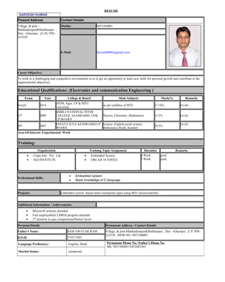 RESUME
SARVESH KUMAR
Present Address Contact Details
Village. & post –
Makhadumpur&Shekhanpur ,
Dist. –Ghazipur ,(U.P). PIN-
233230
Mobile: 9451560001
E-Mail: Sarvesh0006@gmail.com
Career Objective:
To work in a challenging and competitive environment so as to get an opportunity to learn new skills for personal growth and contribute to the
organizational objectives.
Educational Qualifications: (Electronics and communication Engineering )
Exam Year College & Board Main Subjects Marks% Remarks
B-tech 2014
HITM, Agra, UP & MTU
University
as per syllabus of MTU 67.14% 1st div
12th
2009
SHIBLI NATIONAL INTER
COLLEGE AZAMGARH, UP&
UP BOARD
Physics, Chemistry ,Mathmatics 61.2% 1st div
10th
2007
JANATA H.S.S AZAMGARH,UP
BOARD
Science ,English,social science
Mathmatics,Hindi ,Sanskrit
69.5%
1st div
Area Of Interest: Experimental Work
Training:
Organization Training Topic/Assignment Duration Remarks
• Cetpa Info. Pvt. Ltd.
• SGI INSTITUTE
• Embedded System
• ORCAD 16 TOOLS
4 Week
3 Week
good
good
Professional Skills:
• Embedded system
• Basic knowledge of C language
Projects: Embedded system based metro train(proto type) using 8051 microcontroller
Additional Information / Achievements:
• Microsoft seminar attended
• Feel employable(CLHRD) program attended
• 2nd
position in quiz competition(District level)
Personal Details Permanent Address / Contact Details
Father's Name: RAM AWATAR RAM Village. & post-Makhadumpur&Shekhanpur , Dist. –Ghazipur ,U.P. PIN-
233230 ..MOB NO- 9451560001
D.O.B: 27/07/1992
Language Proficiency: English, Hindi Permanent Phone No./ Father’s Phone No.
Mb. 9451560001/9452482363
Marital Status: unmarried
 