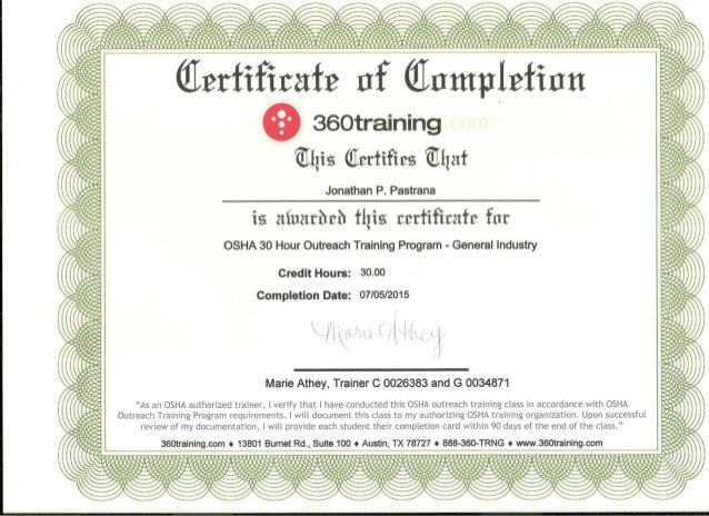 OSHA30 certificate of completion