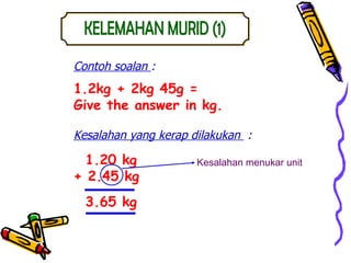 Contoh soalan  :   1.2kg + 2kg 45g = Give the answer in kg. Kesalahan yang kerap dilakukan  :   1.20 kg  + 2.45 kg 3.65 kg Kesalahan menukar unit KELEMAHAN MURID (1) 