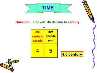 Question  :  Convert  45 decade to  century 5 4 cm century decade mm decade year 4.5 century ● TIME 