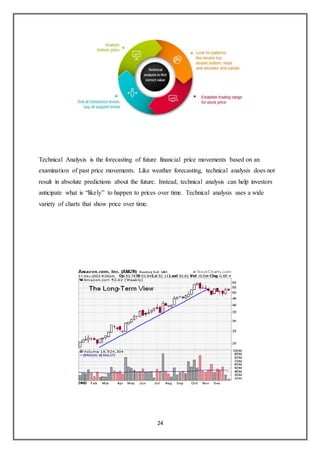 24
Technical Analysis is the forecasting of future financial price movements based on an
examination of past price movements. Like weather forecasting, technical analysis does not
result in absolute predictions about the future. Instead, technical analysis can help investors
anticipate what is “likely” to happen to prices over time. Technical analysis uses a wide
variety of charts that show price over time.
 