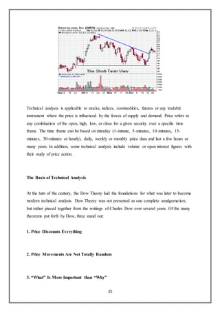 25
Technical analysis is applicable to stocks, indices, commodities, futures or any tradable
instrument where the price is influenced by the forces of supply and demand. Price refers to
any combination of the open, high, low, or close for a given security over a specific time
frame. The time frame can be based on intraday (1-minute, 5-minutes, 10-minutes, 15-
minutes, 30-minutes or hourly), daily, weekly or monthly price data and last a few hours or
many years. In addition, some technical analysts include volume or open interest figures with
their study of price action.
The Basis of Technical Analysis
At the turn of the century, the Dow Theory laid the foundations for what was later to become
modern technical analysis. Dow Theory was not presented as one complete amalgamation,
but rather pieced together from the writings of Charles Dow over several years. Of the many
theorems put forth by Dow, three stand out:
1. Price Discounts Everything
2. Price Movements Are Not Totally Random
3. “What” Is More Important than “Why”
 