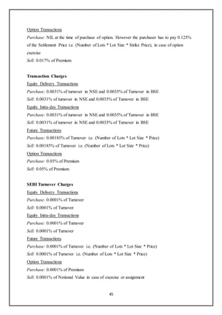45
Option Transactions
Purchase: NIL at the time of purchase of option. However the purchaser has to pay 0.125%
of the Settlement Price i.e. (Number of Lots * Lot Size * Strike Price), in case of option
exercise
Sell: 0.017% of Premium
Transaction Charges
Equity Delivery Transactions
Purchase: 0.0031% of turnover in NSE and 0.0035% of Turnover in BSE
Sell: 0.0031% of turnover in NSE and 0.0035% of Turnover in BSE
Equity Intra-day Transactions
Purchase: 0.0031% of turnover in NSE and 0.0035% of Turnover in BSE
Sell: 0.0031% of turnover in NSE and 0.0035% of Turnover in BSE
Future Transactions
Purchase: 0.00185% of Turnover i.e. (Number of Lots * Lot Size * Price)
Sell: 0.00185% of Turnover i.e. (Number of Lots * Lot Size * Price)
Option Transactions
Purchase: 0.05% of Premium
Sell: 0.05% of Premium
SEBI Turnover Charges
Equity Delivery Transactions
Purchase: 0.0001% of Turnover
Sell: 0.0001% of Turnover
Equity Intra-day Transactions
Purchase: 0.0001% of Turnover
Sell: 0.0001% of Turnover
Future Transactions
Purchase: 0.0001% of Turnover i.e. (Number of Lots * Lot Size * Price)
Sell: 0.0001% of Turnover i.e. (Number of Lots * Lot Size * Price)
Option Transactions
Purchase: 0.0001% of Premium
Sell: 0.0001% of Notional Value in case of exercise or assignment
 