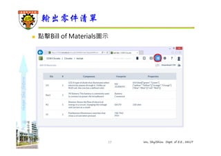 shape the future 
輸出零件清單 
 點擊Bill of Materials圖示 
17 Wu, ShyiShiou Dept. of E.E., NKUT 
 