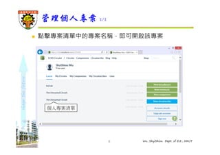 shape the future 
管理個人專案2/2 
 點擊專案清單中的專案名稱，即可開啟該專案 
8 Wu, ShyiShiou Dept. of E.E., NKUT 
個人專案清單 
 