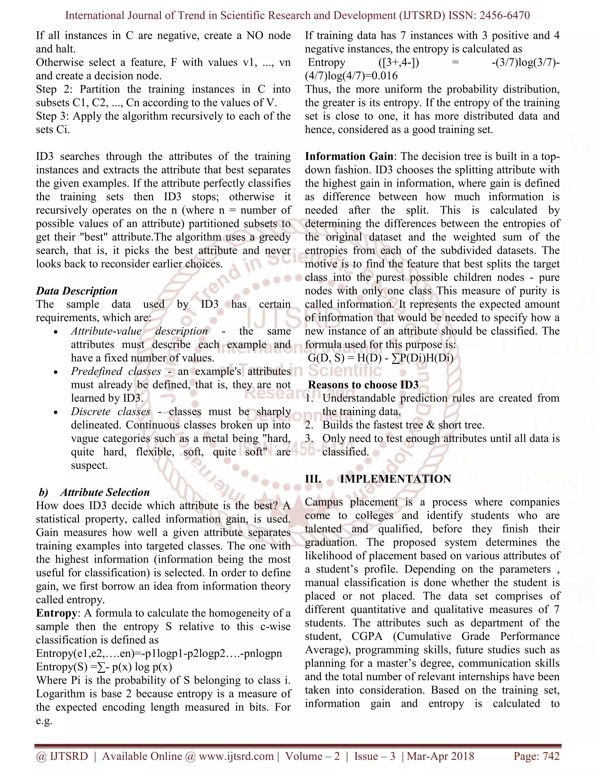 Deployment of ID3 decision tree algorithm for placement prediction | PDF