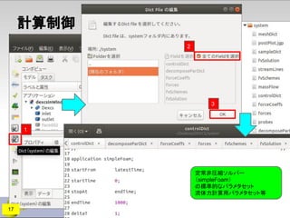 2
3
計算制御
1
定常非圧縮ソルバー
（simpleFoam）
の標準的なパラメタセット
流体力計算用パラメタセット等
17
 