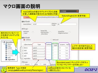 マクロ画面の説明
境界条件 Type の指定
（empty/patch/wall/symmetryPlane/region）
cellSizeは空白になっている
⇒細分化しない
BoundaryLayerにチェックマークが入っ
ていない⇒レイヤーは付加しない
maxCellSizeの値はモデルサイズから自動
計算した概略値が表示されるが変更は可能
featureAngleは30（変更可能）
表示されているパーツ
の名前がリストアップさ
れている
レイヤーを付加するとした
場合の設定値（変更可能）
9
 