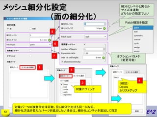 メッシュ細分化設定
（面の細分化）
12
オプションパラメタ
（変更可能）
1
対象にチェック
3
7
5
（確認）
Dexcs
がリストアップ
細分化レベルと実セル
サイズは連動
どちらかの指定でよい
対象パーツの複数指定は可能。但し細分化方法も同一になる。
細分化方法を変えたパーツを追加したい場合は、細分化コンテナを追加して指定
2
4
6
Patch種別を指定
 