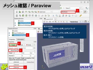 メッシュ確認 / Paraview
17
視方向回転：
マウス左ボタンを押しながらドラッグ
視方向移動：
マウスホイールボタンを押しながらドラッグ
拡大・縮小：
マウスホイール回転
1
2
3
6
5
4
 