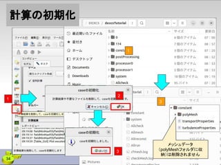 計算の初期化
34
1
3
1
3
2
メッシュデータ
（polyMeshフォルダに収
納）は削除されません
 