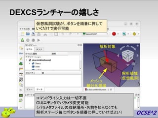 DEXCSランチャーの嬉しさ
仮想風洞試験が、ボタンを順番に押して
いくだけで実行可能
コマンドライン入力は一切不要
GUIエディタでパラメタ変更可能
（パラメタファイルの収納場所・名前を知らなくても
解析ステージ毎にボタンを順番に押していけばよい）
解析対象
解析領域
（仮想風洞）
メッシュ
細分化領域
4
 