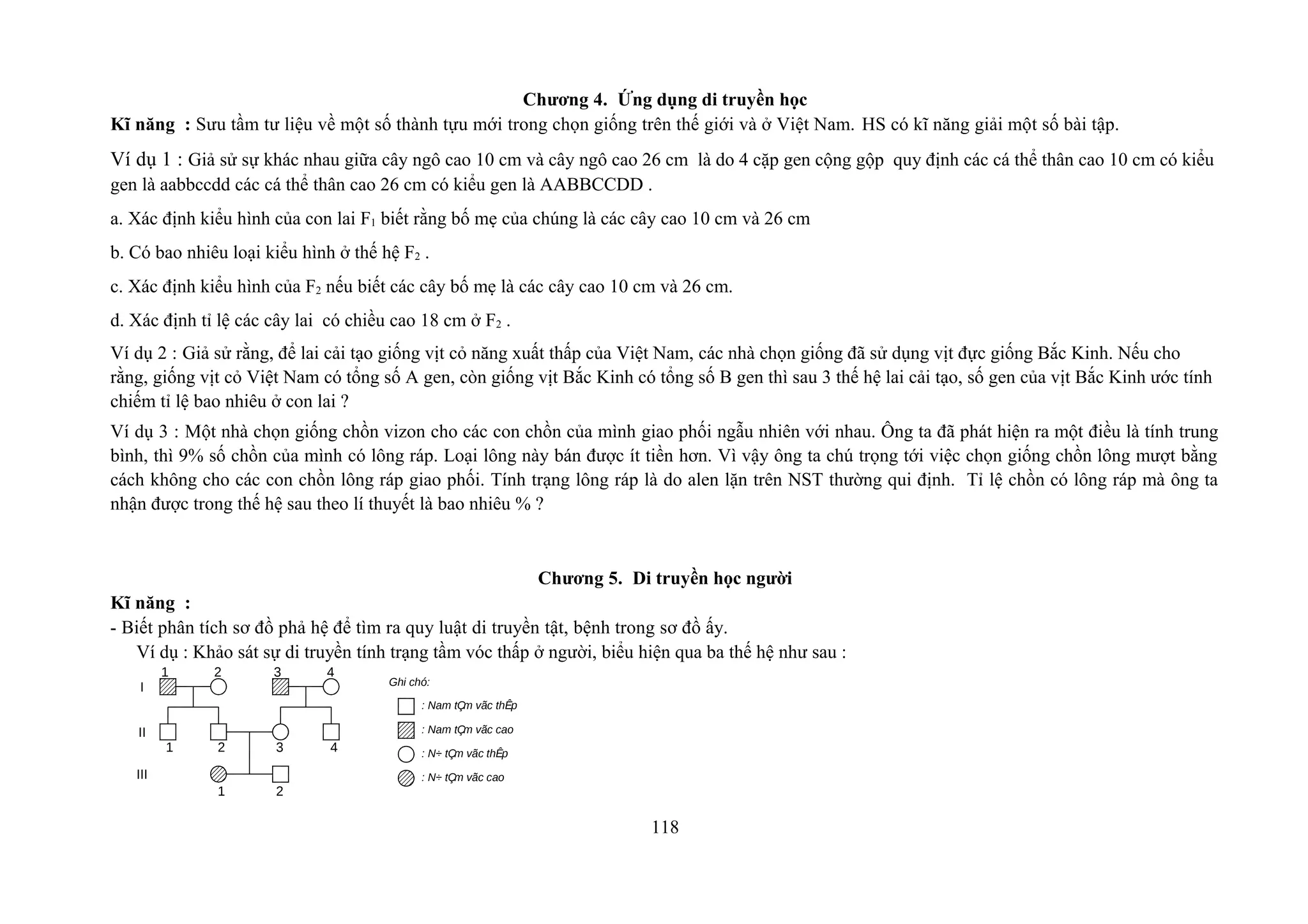Chương 4. Ứng dụng di truyền học
Kĩ năng : Sưu tầm tư liệu về một số thành tựu mới trong chọn giống trên thế giới và ở Việt Nam. HS có kĩ năng giải một số bài tập.
Ví dụ 1 : Giả sử sự khác nhau giữa cây ngô cao 10 cm và cây ngô cao 26 cm là do 4 cặp gen cộng gộp quy định các cá thể thân cao 10 cm có kiểu
gen là aabbccdd các cá thể thân cao 26 cm có kiểu gen là AABBCCDD .
a. Xác định kiểu hình của con lai F1 biết rằng bố mẹ của chúng là các cây cao 10 cm và 26 cm
b. Có bao nhiêu loại kiểu hình ở thế hệ F2 .
c. Xác định kiểu hình của F2 nếu biết các cây bố mẹ là các cây cao 10 cm và 26 cm.
d. Xác định tỉ lệ các cây lai có chiều cao 18 cm ở F2 .
Ví dụ 2 : Giả sử rằng, để lai cải tạo giống vịt cỏ năng xuất thấp của Việt Nam, các nhà chọn giống đã sử dụng vịt đực giống Bắc Kinh. Nếu cho
rằng, giống vịt cỏ Việt Nam có tổng số A gen, còn giống vịt Bắc Kinh có tổng số B gen thì sau 3 thế hệ lai cải tạo, số gen của vịt Bắc Kinh ước tính
chiếm tỉ lệ bao nhiêu ở con lai ?
Ví dụ 3 : Một nhà chọn giống chồn vizon cho các con chồn của mình giao phối ngẫu nhiên với nhau. Ông ta đã phát hiện ra một điều là tính trung
bình, thì 9% số chồn của mình có lông ráp. Loại lông này bán được ít tiền hơn. Vì vậy ông ta chú trọng tới việc chọn giống chồn lông mượt bằng
cách không cho các con chồn lông ráp giao phối. Tính trạng lông ráp là do alen lặn trên NST thường qui định. Tỉ lệ chồn có lông ráp mà ông ta
nhận được trong thế hệ sau theo lí thuyết là bao nhiêu % ?
Chương 5. Di truyền học người
Kĩ năng :
- Biết phân tích sơ đồ phả hệ để tìm ra quy luật di truyền tật, bệnh trong sơ đồ ấy.
Ví dụ : Khảo sát sự di truyền tính trạng tầm vóc thấp ở người, biểu hiện qua ba thế hệ như sau :
1 2
2
3 4
41 3
1 2
: Nam tÇm vãc thÊp
Ghi chó:
: Nam tÇm vãc cao
: N÷ tÇm vãc thÊp
II
III
I
: N÷ tÇm vãc cao
118
 