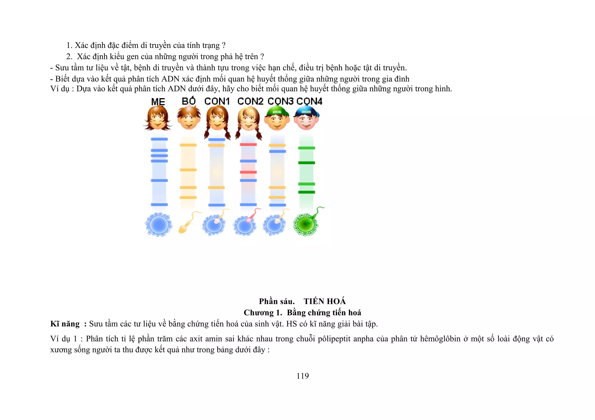 1. Xác định đặc điểm di truyền của tính trạng ?
2. Xác định kiểu gen của những người trong phả hệ trên ?
- Sưu tầm tư liệu về tật, bệnh di truyền và thành tựu trong việc hạn chế, điều trị bệnh hoặc tật di truyền.
- Biết dựa vào kết quả phân tích ADN xác định mối quan hệ huyết thống giữa những người trong gia đình
Ví dụ : Dựa vào kết quả phân tích ADN dưới đây, hãy cho biết mối quan hệ huyết thống giữa những người trong hình.
Phần sáu. TIẾN HOÁ
Chương 1. Bằng chứng tiến hoá
Kĩ năng : Sưu tầm các tư liệu về bằng chứng tiến hoá của sinh vật. HS có kĩ năng giải bài tập.
Ví dụ 1 : Phân tích tỉ lệ phần trăm các axit amin sai khác nhau trong chuỗi pôlipeptit anpha của phân tử hêmôglôbin ở một số loài động vật có
xương sống người ta thu được kết quả như trong bảng dưới đây :
119
 