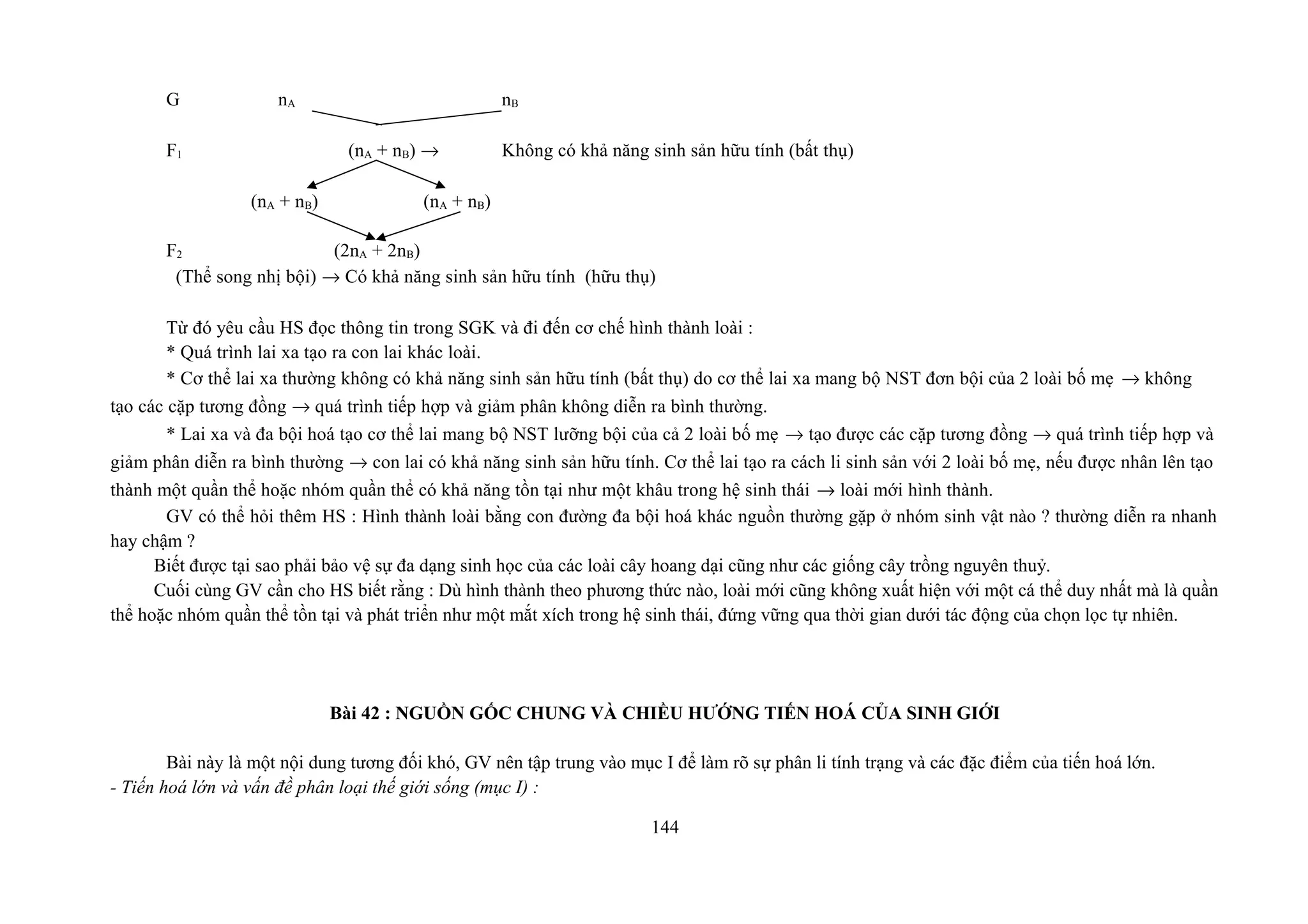 G nA nB
F1 (nA + nB) → Không có khả năng sinh sản hữu tính (bất thụ)
(nA + nB) (nA + nB)
F2 (2nA + 2nB)
(Thể song nhị bội) → Có khả năng sinh sản hữu tính (hữu thụ)
Từ đó yêu cầu HS đọc thông tin trong SGK và đi đến cơ chế hình thành loài :
* Quá trình lai xa tạo ra con lai khác loài.
* Cơ thể lai xa thường không có khả năng sinh sản hữu tính (bất thụ) do cơ thể lai xa mang bộ NST đơn bội của 2 loài bố mẹ → không
tạo các cặp tương đồng → quá trình tiếp hợp và giảm phân không diễn ra bình thường.
* Lai xa và đa bội hoá tạo cơ thể lai mang bộ NST lưỡng bội của cả 2 loài bố mẹ → tạo được các cặp tương đồng → quá trình tiếp hợp và
giảm phân diễn ra bình thường → con lai có khả năng sinh sản hữu tính. Cơ thể lai tạo ra cách li sinh sản với 2 loài bố mẹ, nếu được nhân lên tạo
thành một quần thể hoặc nhóm quần thể có khả năng tồn tại như một khâu trong hệ sinh thái → loài mới hình thành.
GV có thể hỏi thêm HS : Hình thành loài bằng con đường đa bội hoá khác nguồn thường gặp ở nhóm sinh vật nào ? thường diễn ra nhanh
hay chậm ?
Biết được tại sao phải bảo vệ sự đa dạng sinh học của các loài cây hoang dại cũng như các giống cây trồng nguyên thuỷ.
Cuối cùng GV cần cho HS biết rằng : Dù hình thành theo phương thức nào, loài mới cũng không xuất hiện với một cá thể duy nhất mà là quần
thể hoặc nhóm quần thể tồn tại và phát triển như một mắt xích trong hệ sinh thái, đứng vững qua thời gian dưới tác động của chọn lọc tự nhiên.
Bài 42 : NGUỒN GỐC CHUNG VÀ CHIỀU HƯỚNG TIẾN HOÁ CỦA SINH GIỚI
Bài này là một nội dung tương đối khó, GV nên tập trung vào mục I để làm rõ sự phân li tính trạng và các đặc điểm của tiến hoá lớn.
- Tiến hoá lớn và vấn đề phân loại thế giới sống (mục I) :
144
 