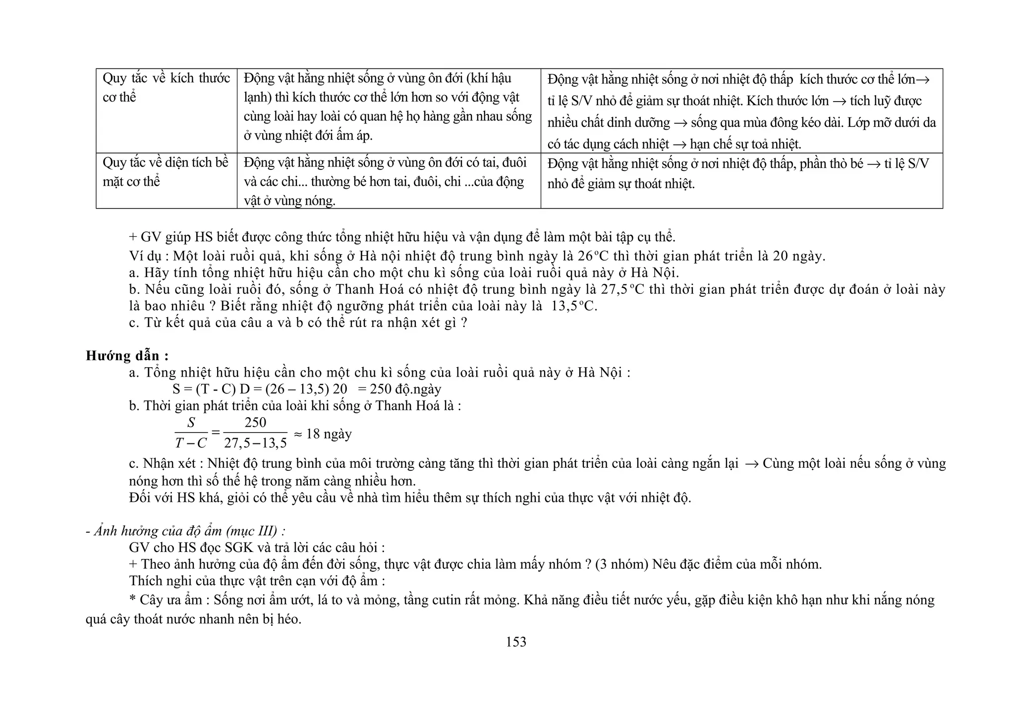 Quy tắc về kích thước
cơ thể
Động vật hằng nhiệt sống ở vùng ôn đới (khí hậu
lạnh) thì kích thước cơ thể lớn hơn so với động vật
cùng loài hay loài có quan hệ họ hàng gần nhau sống
ở vùng nhiệt đới ấm áp.
Động vật hằng nhiệt sống ở nơi nhiệt độ thấp kích thước cơ thể lớn→
tỉ lệ S/V nhỏ để giảm sự thoát nhiệt. Kích thước lớn → tích luỹ được
nhiều chất dinh dưỡng → sống qua mùa đông kéo dài. Lớp mỡ dưới da
có tác dụng cách nhiệt → hạn chế sự toả nhiệt.
Quy tắc về diện tích bề
mặt cơ thể
Động vật hằng nhiệt sống ở vùng ôn đới có tai, đuôi
và các chi... thường bé hơn tai, đuôi, chi ...của động
vật ở vùng nóng.
Động vật hằng nhiệt sống ở nơi nhiệt độ thấp, phần thò bé → tỉ lệ S/V
nhỏ để giảm sự thoát nhiệt.
+ GV giúp HS biết được công thức tổng nhiệt hữu hiệu và vận dụng để làm một bài tập cụ thể.
Ví dụ : Một loài ruồi quả, khi sống ở Hà nội nhiệt độ trung bình ngày là 26o
C thì thời gian phát triển là 20 ngày.
a. Hãy tính tổng nhiệt hữu hiệu cần cho một chu kì sống của loài ruồi quả này ở Hà Nội.
b. Nếu cũng loài ruồi đó, sống ở Thanh Hoá có nhiệt độ trung bình ngày là 27,5 o
C thì thời gian phát triển được dự đoán ở loài này
là bao nhiêu ? Biết rằng nhiệt độ ngưỡng phát triển của loài này là 13,5o
C.
c. Từ kết quả của câu a và b có thể rút ra nhận xét gì ?
Hướng dẫn :
a. Tổng nhiệt hữu hiệu cần cho một chu kì sống của loài ruồi quả này ở Hà Nội :
S = (T - C) D = (26 – 13,5) 20 = 250 độ.ngày
b. Thời gian phát triển của loài khi sống ở Thanh Hoá là :
250
27,5 13,5
S
T C
=
− −
≈ 18 ngày
c. Nhận xét : Nhiệt độ trung bình của môi trường càng tăng thì thời gian phát triển của loài càng ngắn lại → Cùng một loài nếu sống ở vùng
nóng hơn thì số thế hệ trong năm càng nhiều hơn.
Đối với HS khá, giỏi có thể yêu cầu về nhà tìm hiểu thêm sự thích nghi của thực vật với nhiệt độ.
- Ảnh hưởng của độ ẩm (mục III) :
GV cho HS đọc SGK và trả lời các câu hỏi :
+ Theo ảnh hưởng của độ ẩm đến đời sống, thực vật được chia làm mấy nhóm ? (3 nhóm) Nêu đặc điểm của mỗi nhóm.
Thích nghi của thực vật trên cạn với độ ẩm :
* Cây ưa ẩm : Sống nơi ẩm ướt, lá to và mỏng, tầng cutin rất mỏng. Khả năng điều tiết nước yếu, gặp điều kiện khô hạn như khi nắng nóng
quá cây thoát nước nhanh nên bị héo.
153
 