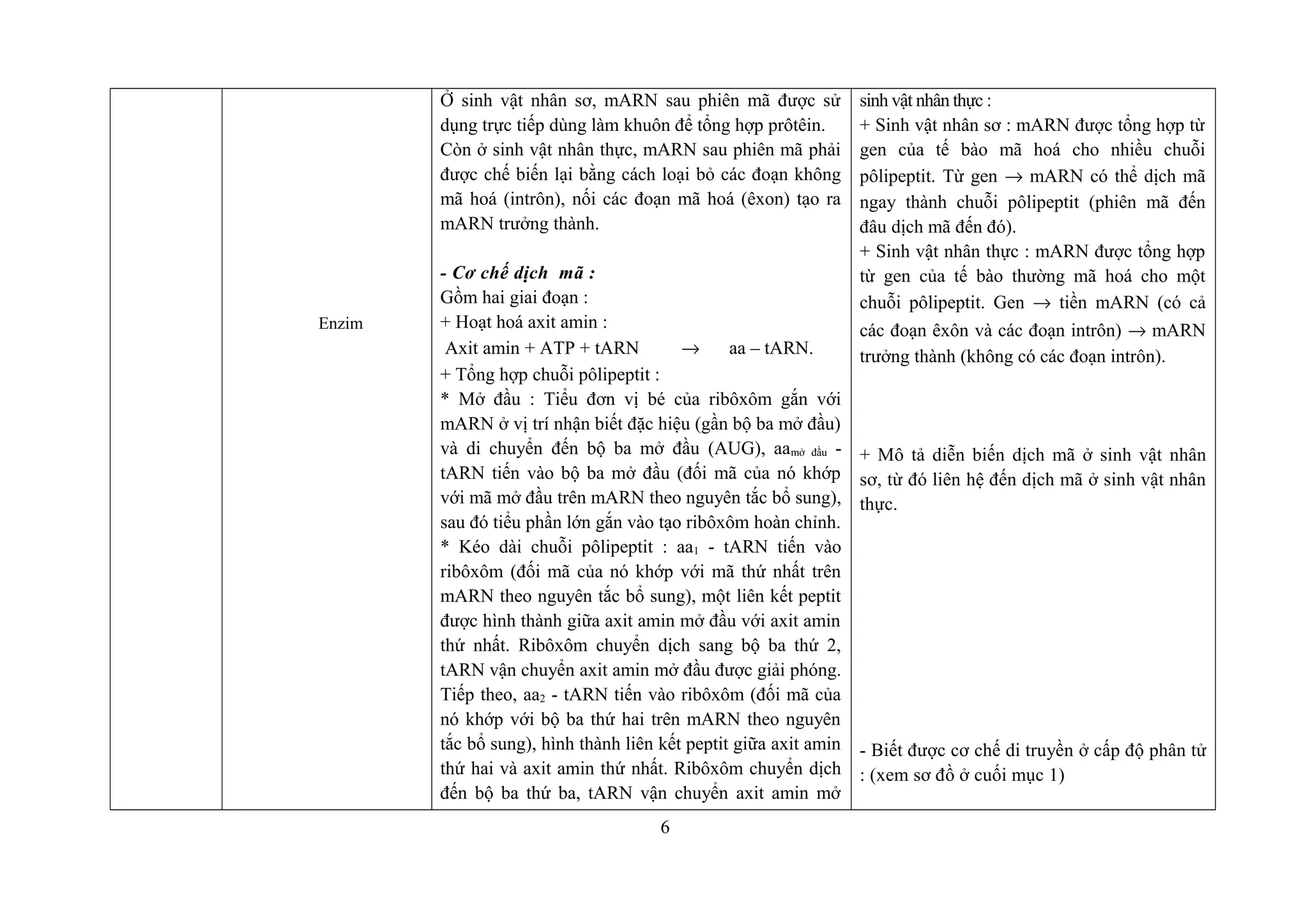 Ở sinh vật nhân sơ, mARN sau phiên mã được sử
dụng trực tiếp dùng làm khuôn để tổng hợp prôtêin.
Còn ở sinh vật nhân thực, mARN sau phiên mã phải
được chế biến lại bằng cách loại bỏ các đoạn không
mã hoá (intrôn), nối các đoạn mã hoá (êxon) tạo ra
mARN trưởng thành.
- Cơ chế dịch mã :
Gồm hai giai đoạn :
+ Hoạt hoá axit amin :
Axit amin + ATP + tARN → aa – tARN.
+ Tổng hợp chuỗi pôlipeptit :
* Mở đầu : Tiểu đơn vị bé của ribôxôm gắn với
mARN ở vị trí nhận biết đặc hiệu (gần bộ ba mở đầu)
và di chuyển đến bộ ba mở đầu (AUG), aamở đầu -
tARN tiến vào bộ ba mở đầu (đối mã của nó khớp
với mã mở đầu trên mARN theo nguyên tắc bổ sung),
sau đó tiểu phần lớn gắn vào tạo ribôxôm hoàn chỉnh.
* Kéo dài chuỗi pôlipeptit : aa1 - tARN tiến vào
ribôxôm (đối mã của nó khớp với mã thứ nhất trên
mARN theo nguyên tắc bổ sung), một liên kết peptit
được hình thành giữa axit amin mở đầu với axit amin
thứ nhất. Ribôxôm chuyển dịch sang bộ ba thứ 2,
tARN vận chuyển axit amin mở đầu được giải phóng.
Tiếp theo, aa2 - tARN tiến vào ribôxôm (đối mã của
nó khớp với bộ ba thứ hai trên mARN theo nguyên
tắc bổ sung), hình thành liên kết peptit giữa axit amin
thứ hai và axit amin thứ nhất. Ribôxôm chuyển dịch
đến bộ ba thứ ba, tARN vận chuyển axit amin mở
sinh vật nhân thực :
+ Sinh vật nhân sơ : mARN được tổng hợp từ
gen của tế bào mã hoá cho nhiều chuỗi
pôlipeptit. Từ gen → mARN có thể dịch mã
ngay thành chuỗi pôlipeptit (phiên mã đến
đâu dịch mã đến đó).
+ Sinh vật nhân thực : mARN được tổng hợp
từ gen của tế bào thường mã hoá cho một
chuỗi pôlipeptit. Gen → tiền mARN (có cả
các đoạn êxôn và các đoạn intrôn) → mARN
trưởng thành (không có các đoạn intrôn).
+ Mô tả diễn biến dịch mã ở sinh vật nhân
sơ, từ đó liên hệ đến dịch mã ở sinh vật nhân
thực.
- Biết được cơ chế di truyền ở cấp độ phân tử
: (xem sơ đồ ở cuối mục 1)
6
Enzim
 