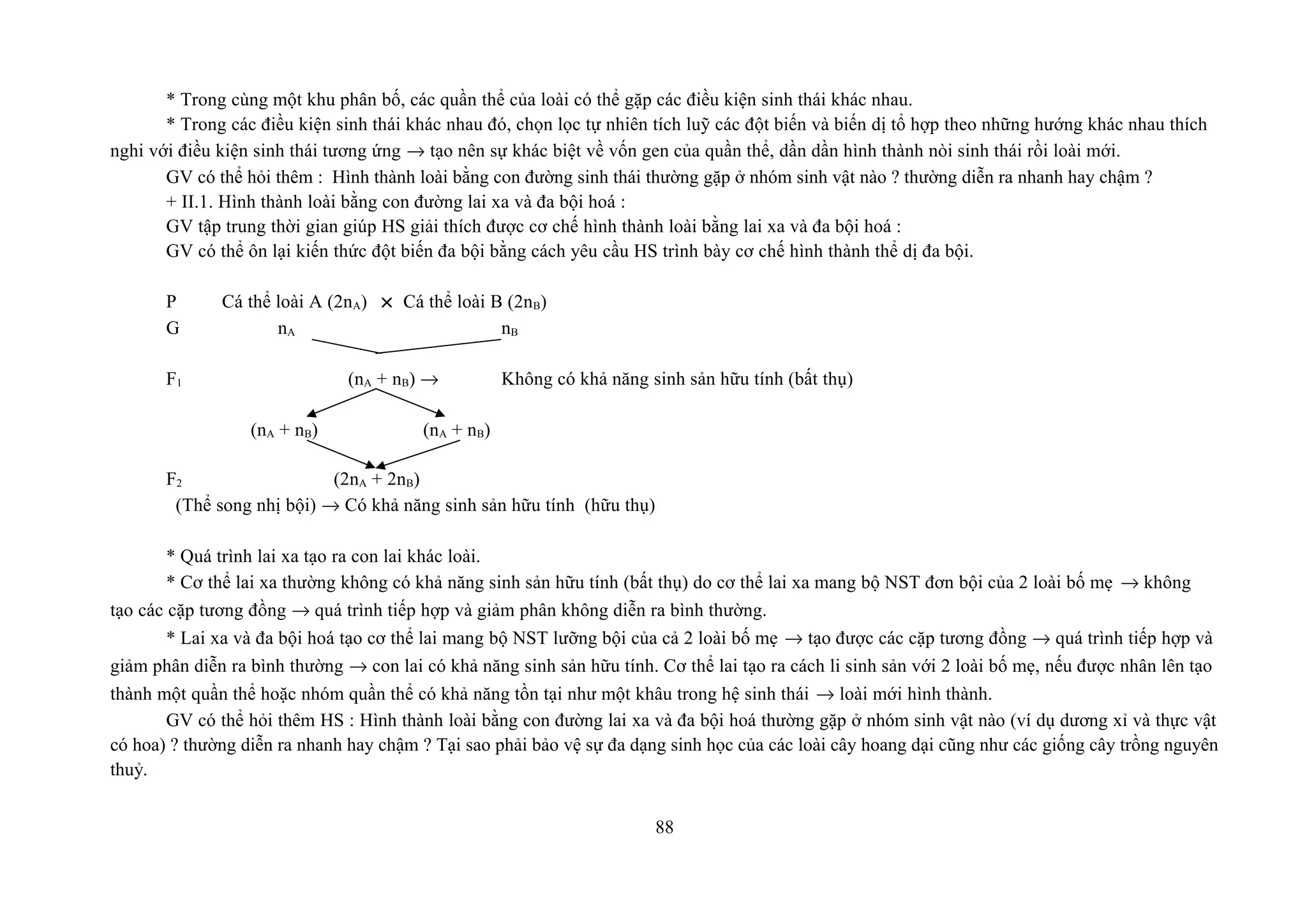 * Trong cùng một khu phân bố, các quần thể của loài có thể gặp các điều kiện sinh thái khác nhau.
* Trong các điều kiện sinh thái khác nhau đó, chọn lọc tự nhiên tích luỹ các đột biến và biến dị tổ hợp theo những hướng khác nhau thích
nghi với điều kiện sinh thái tương ứng → tạo nên sự khác biệt về vốn gen của quần thể, dần dần hình thành nòi sinh thái rồi loài mới.
GV có thể hỏi thêm : Hình thành loài bằng con đường sinh thái thường gặp ở nhóm sinh vật nào ? thường diễn ra nhanh hay chậm ?
+ II.1. Hình thành loài bằng con đường lai xa và đa bội hoá :
GV tập trung thời gian giúp HS giải thích được cơ chế hình thành loài bằng lai xa và đa bội hoá :
GV có thể ôn lại kiến thức đột biến đa bội bằng cách yêu cầu HS trình bày cơ chế hình thành thể dị đa bội.
P Cá thể loài A (2nA) × Cá thể loài B (2nB)
G nA nB
F1 (nA + nB) → Không có khả năng sinh sản hữu tính (bất thụ)
(nA + nB) (nA + nB)
F2 (2nA + 2nB)
(Thể song nhị bội) → Có khả năng sinh sản hữu tính (hữu thụ)
* Quá trình lai xa tạo ra con lai khác loài.
* Cơ thể lai xa thường không có khả năng sinh sản hữu tính (bất thụ) do cơ thể lai xa mang bộ NST đơn bội của 2 loài bố mẹ → không
tạo các cặp tương đồng → quá trình tiếp hợp và giảm phân không diễn ra bình thường.
* Lai xa và đa bội hoá tạo cơ thể lai mang bộ NST lưỡng bội của cả 2 loài bố mẹ → tạo được các cặp tương đồng → quá trình tiếp hợp và
giảm phân diễn ra bình thường → con lai có khả năng sinh sản hữu tính. Cơ thể lai tạo ra cách li sinh sản với 2 loài bố mẹ, nếu được nhân lên tạo
thành một quần thể hoặc nhóm quần thể có khả năng tồn tại như một khâu trong hệ sinh thái → loài mới hình thành.
GV có thể hỏi thêm HS : Hình thành loài bằng con đường lai xa và đa bội hoá thường gặp ở nhóm sinh vật nào (ví dụ dương xỉ và thực vật
có hoa) ? thường diễn ra nhanh hay chậm ? Tại sao phải bảo vệ sự đa dạng sinh học của các loài cây hoang dại cũng như các giống cây trồng nguyên
thuỷ.
88
 