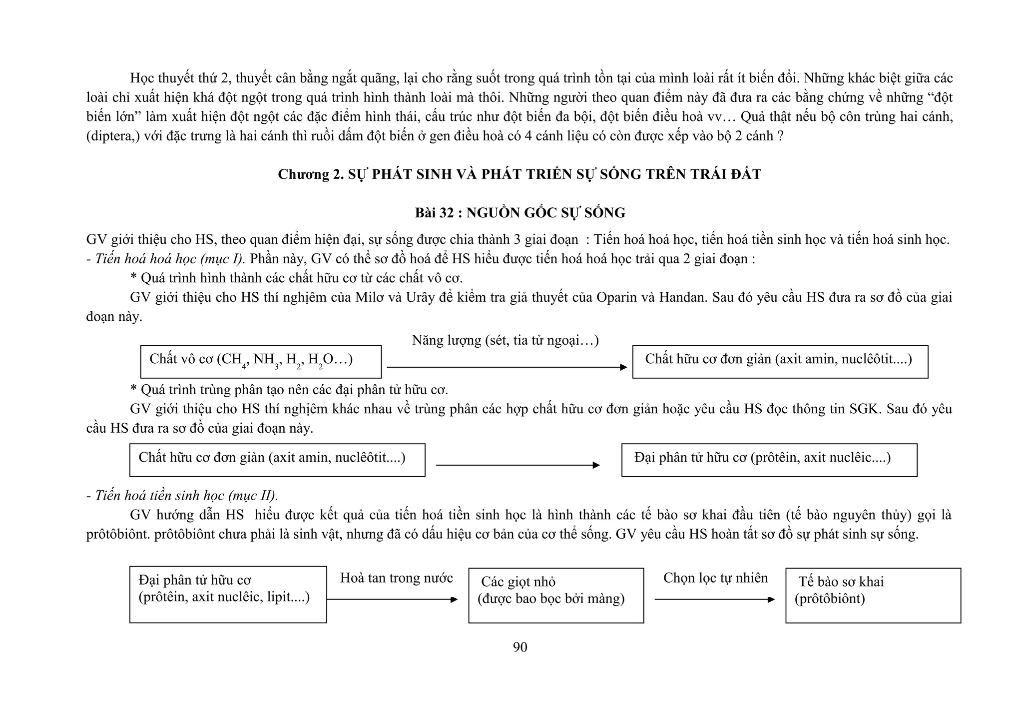 Học thuyết thứ 2, thuyết cân bằng ngắt quãng, lại cho rằng suốt trong quá trình tồn tại của mình loài rất ít biến đổi. Những khác biệt giữa các
loài chỉ xuất hiện khá đột ngột trong quá trình hình thành loài mà thôi. Những người theo quan điểm này đã đưa ra các bằng chứng về những “đột
biến lớn” làm xuất hiện đột ngột các đặc điểm hình thái, cấu trúc như đột biến đa bội, đột biến điều hoà vv… Quả thật nếu bộ côn trùng hai cánh,
(diptera,) với đặc trưng là hai cánh thì ruồi dấm đột biến ở gen điều hoà có 4 cánh liệu có còn được xếp vào bộ 2 cánh ?
Chương 2. SỰ PHÁT SINH VÀ PHÁT TRIỂN SỰ SỐNG TRÊN TRÁI ĐẤT
Bài 32 : NGUỒN GỐC SỰ SỐNG
GV giới thiệu cho HS, theo quan điểm hiện đại, sự sống được chia thành 3 giai đoạn : Tiến hoá hoá học, tiến hoá tiền sinh học và tiến hoá sinh học.
- Tiến hoá hoá học (mục I). Phần này, GV có thể sơ đồ hoá để HS hiểu được tiến hoá hoá học trải qua 2 giai đoạn :
* Quá trình hình thành các chất hữu cơ từ các chất vô cơ.
GV giới thiệu cho HS thí nghịêm của Milơ và Urây để kiểm tra giả thuyết của Oparin và Handan. Sau đó yêu cầu HS đưa ra sơ đồ của giai
đoạn này.
* Quá trình trùng phân tạo nên các đại phân tử hữu cơ.
GV giới thiệu cho HS thí nghịêm khác nhau về trùng phân các hợp chất hữu cơ đơn giản hoặc yêu cầu HS đọc thông tin SGK. Sau đó yêu
cầu HS đưa ra sơ đồ của giai đoạn này.
- Tiến hoá tiền sinh học (mục II).
GV hướng dẫn HS hiểu được kết quả của tiến hoá tiền sinh học là hình thành các tế bào sơ khai đầu tiên (tế bào nguyên thủy) gọi là
prôtôbiônt. prôtôbiônt chưa phải là sinh vật, nhưng đã có dấu hiệu cơ bản của cơ thể sống. GV yêu cầu HS hoàn tất sơ đồ sự phát sinh sự sống.
90
Chất vô cơ (CH4
, NH3
, H2
, H2
O…)
Năng lượng (sét, tia tử ngoại…)
Chất hữu cơ đơn giản (axit amin, nuclêôtit....)
Chất hữu cơ đơn giản (axit amin, nuclêôtit....) Đại phân tử hữu cơ (prôtêin, axit nuclêic....)
Đại phân tử hữu cơ
(prôtêin, axit nuclêic, lipit....)
Các giọt nhỏ
(được bao bọc bởi màng)
Hoà tan trong nước Chọn lọc tự nhiên Tế bào sơ khai
(prôtôbiônt)
 