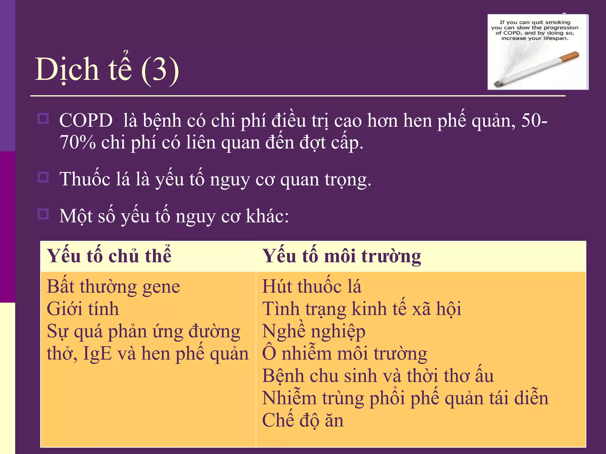 ERS-ATS COPD Guidelines
Dịch tể (3)
 COPD là bệnh có chi phí điều trị cao hơn hen phế quản, 50-
70% chi phí có liên quan đến đợt cấp.
 Thuốc lá là yếu tố nguy cơ quan trọng.
 Một số yếu tố nguy cơ khác:
Yếu tố chủ thể Yếu tố môi trường
Bất thường gene
Giới tính
Sự quá phản ứng đường
thở, IgE và hen phế quản
Hút thuốc lá
Tình trạng kinh tế xã hội
Nghề nghiệp
Ô nhiễm môi trường
Bệnh chu sinh và thời thơ ấu
Nhiễm trùng phổi phế quản tái diễn
Chế độ ăn
 