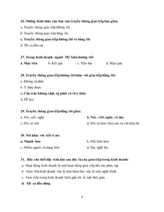 6
26. Những hình thức căn bản của truyền thông giao tiếpbao gồm:
a. Truyền thông giao tiếp không lời
b. Truyền thông giao tiếp băng lời
c. Truyền thông giao tiếpkhông lời vả bẳng lời
d. Tất cả đều sai
27. Trong kinh doanh, người Mỹ luôn hướng tới:
a. Mục tiêu b. Kết quả c. Tiền bạc d. Hiệu quả
28. Truyền thông giao tiếpkhông lời khác với giao tiếpbằng lời:
a. Không tự phát
b. Ý thức được
c. Cấu trúc không chặt, tự phát và vô ý thức
d. Dễ học
29. Truyền thông giao tiếpbằng lời gồm:
a. Nói, viết, nghe b. Nói , viết, nghe, và đọc
c. Nói và viết d. Nói và kèm theo các cử chỉ điệu bộ
30. Nói khác với viết vì nó:
a. Nhanh hơn b. Phổ biến hơn
c. Nhiều người sử dụng hơn d. Suy nghĩ lâu
31. Hãy cho biết đặc tính nào sau đây là của giao tiếptrong kinh doanh:
a. Hoạt động kinh doanh là một hoạt động giao tiếp hết sức phức tạp
b. Giao tiếp kinh doanh vừa là một khoa học vừa là một nghệ thuật
c. Giao tiếp trong kinh doanh luôn gấp rút về mặt thời gian
d. Tất cả đều đúng
 