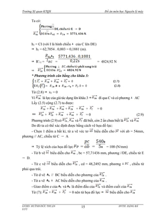 Trường Sỹ quan KTQS Đồ án môn học Nguyên lý máy
Ta có:
h2 = CI (với I là hình chiếu của C lên DE)
h2 = 62,7054 . 0,003 = 0,1881 (m).
Rτ
12 = = = 4824,92 N
* Phương trình cân bằng cho khâu 3:
Từ (2.8) x2 = 0
Vì là lực của giá tác dụng lên khâu 3 đi qua C và có phương AC
Lấy (2.5) cộng (2.7) ta được:
+ + + + + = 0
+ + + + = 0 (2.9)
Phương trình (2.9) có , và đã biết, còn 2 ẩn chưa biết là và
Do đó ta có thể xác định được bằng cách vẽ họa đồ lực:
- Chọn 1 điểm a bất kì, từ a vẽ véc tơ biểu diễn cho với ab = 54mm,
phương // AC, chiều từ C A
Tỷ lệ xích của họa đồ lực = = = 100 (N/mm)
- Từ b vẽ biểu diễn cho , bc = 57,71436 mm, phương //DE, chiều từ E
D.
- Từ c vẽ biểu diễn cho , cd = 48,2492 mm, phương , chiều từ
phải qua trái.
- Từ d vẽ // BC biểu diễn cho phương của .
- Từ a vẽ AC biểu diễn cho phương của .
- Giao điểm e của và là điểm đầu của và điểm cuối của
Từ (7): + + = 0 nên từ họa đồ lực biểu diễn cho
GVHD: HUỲNH ĐỨC THUẬN HVTH: ĐẶNG BÁ
LƯU
15
 