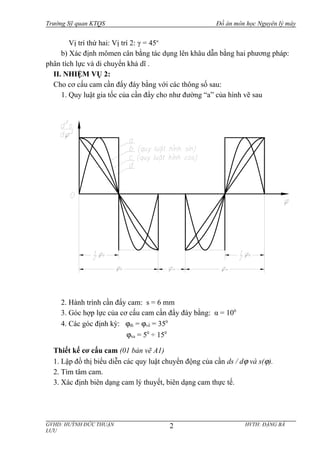 Trường Sỹ quan KTQS Đồ án môn học Nguyên lý máy
Vị trí thứ hai: Vị trí 2: γ = 45o
b) Xác định mômen cân bằng tác dụng lên khâu dẫn bằng hai phương pháp:
phân tích lực và di chuyển khả dĩ .
II. NHIỆM VỤ 2:
Cho cơ cấu cam cần đẩy đáy bằng với các thông số sau:
1. Quy luật gia tốc của cần đẩy cho như đường “a” của hình vẽ sau
2. Hành trình cần đẩy cam: s = 6 mm
3. Góc hợp lực của cơ cấu cam cần đẩy đáy bằng: α = 100
4. Các góc định kỳ: ϕđi = ϕvề = 350
ϕxa = 50
÷ 150
Thiết kế cơ cấu cam (01 bản vẽ A1)
1. Lập đồ thị biểu diễn các quy luật chuyển động của cần ds / dϕ và s(ϕ).
2. Tìm tâm cam.
3. Xác định biên dạng cam lý thuyết, biên dạng cam thực tế.
GVHD: HUỲNH ĐỨC THUẬN HVTH: ĐẶNG BÁ
LƯU
2
 