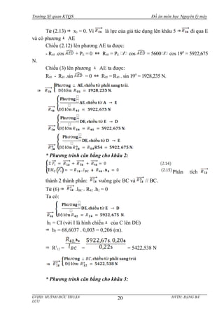 Trường Sỹ quan KTQS Đồ án môn học Nguyên lý máy
Từ (2.13) x1 = 0. Vì là lực của giá tác dụng lên khâu 5 đi qua E
và có phương AE
Chiếu (2.12) lên phương AE ta được:
- R45 .cos + PE = 0 R45 = PE cos = 5600 cos 190
= 5922,675
N.
Chiếu (3) lên phương AE ta được:
R05 - R45 .sin = 0 R05 = R45 . sin 190
= 1928,235 N.
* Phương trình cân bằng cho khâu 2:
Phân tích
thành 2 thành phần: vuông góc BC và // BC.
Từ (6) .lBC + R42 .h2 = 0
Ta có:
h2 = CI (với I là hình chiếu của C lên DE)
h2 = 68,6037 . 0,003 = 0,206 (m).
Rτ
12 = = = 5422,538 N
* Phương trình cân bằng cho khâu 3:
GVHD: HUỲNH ĐỨC THUẬN HVTH: ĐẶNG BÁ
LƯU
20
 