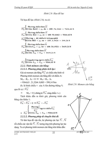 Trường Sỹ quan KTQS Đồ án môn học Nguyên lý máy
Từ họa đồ lực (Hình 2.8), ta có:
2.2.2. Tính mômen cân bằng:
2.2.2.1. Phương pháp phân tích lực:
Giả sử momen cân bằng có chiều như hình vẽ
Phương trình momen cân bằng đối với điểm A:
Mcb – R21 . h3 = 0 Mcb = R21 . h3
= 9364,63 . 21,3264. 0,003 = 599,14 Nm
(h3 là hình chiếu của A lên đường thẳng
qua B và //
Mcb > 0 (chứng tỏ cùngchiều )
Tách khâu dẫn ra khỏi giá, phương trình cân
bằng cho khâu 1:
+ = 0 = -
2.2.2.2. Phương pháp di chuyển khả dĩ:
Từ tâm họa đồ vận tốc, kẻ phương các lực ,
rồi chiếu các vận tốc , tương ứng trên phương lực tác
dụng. Ta có phương trình momen cân bằng trên khâu dẫn:
GVHD: HUỲNH ĐỨC THUẬN HVTH: ĐẶNG BÁ
LƯU
22
Hình 2.9: Momen cân bằng
Hình 2.8: Họa đồ lực
 