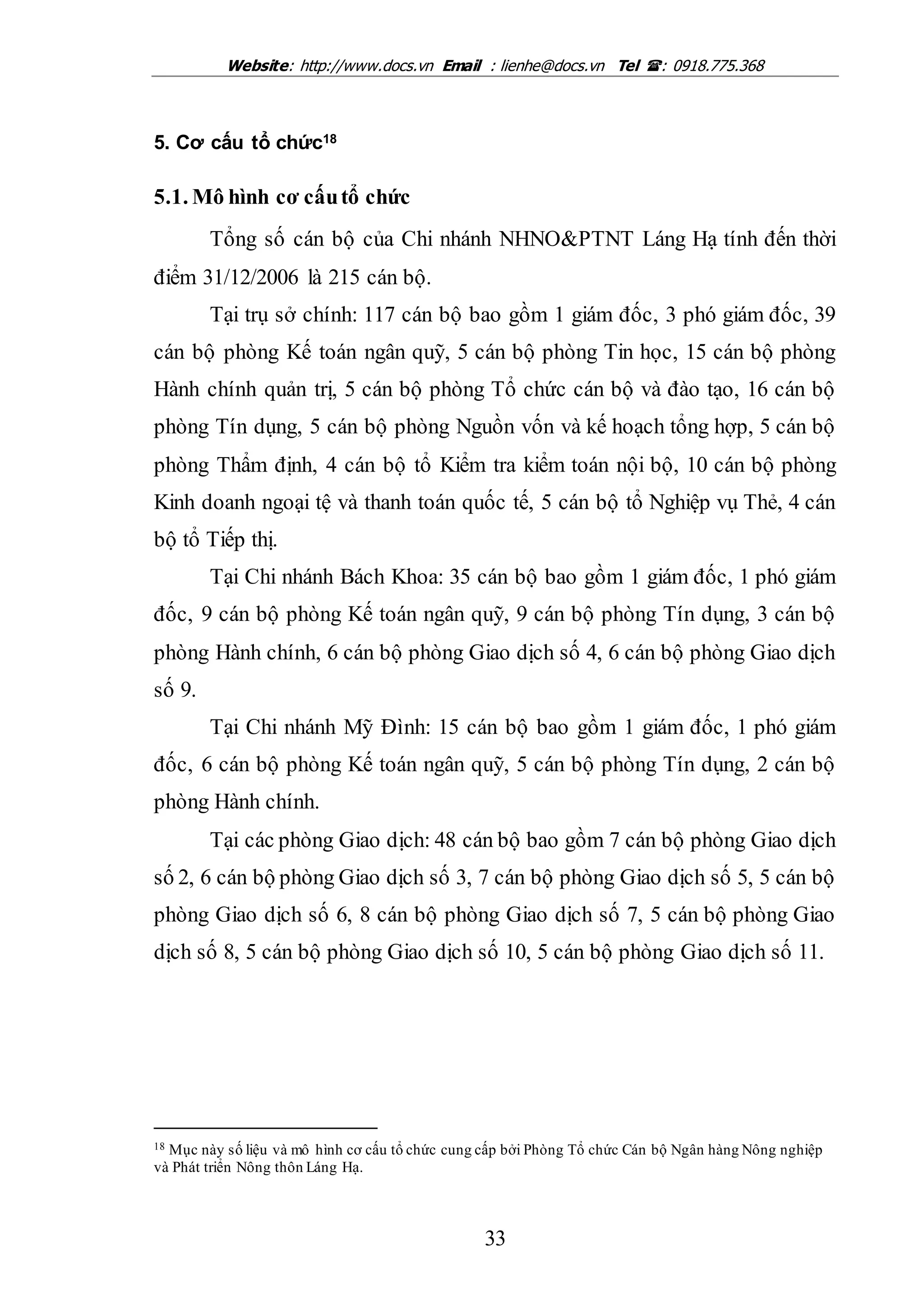 Website: http://www.docs.vn Email : lienhe@docs.vn Tel : 0918.775.368
33
5. Cơ cấu tổ chức18
5.1. Mô hình cơ cấutổ chức
Tổng số cán bộ của Chi nhánh NHNO&PTNT Láng Hạ tính đến thời
điểm 31/12/2006 là 215 cán bộ.
Tại trụ sở chính: 117 cán bộ bao gồm 1 giám đốc, 3 phó giám đốc, 39
cán bộ phòng Kế toán ngân quỹ, 5 cán bộ phòng Tin học, 15 cán bộ phòng
Hành chính quản trị, 5 cán bộ phòng Tổ chức cán bộ và đào tạo, 16 cán bộ
phòng Tín dụng, 5 cán bộ phòng Nguồn vốn và kế hoạch tổng hợp, 5 cán bộ
phòng Thẩm định, 4 cán bộ tổ Kiểm tra kiểm toán nội bộ, 10 cán bộ phòng
Kinh doanh ngoại tệ và thanh toán quốc tế, 5 cán bộ tổ Nghiệp vụ Thẻ, 4 cán
bộ tổ Tiếp thị.
Tại Chi nhánh Bách Khoa: 35 cán bộ bao gồm 1 giám đốc, 1 phó giám
đốc, 9 cán bộ phòng Kế toán ngân quỹ, 9 cán bộ phòng Tín dụng, 3 cán bộ
phòng Hành chính, 6 cán bộ phòng Giao dịch số 4, 6 cán bộ phòng Giao dịch
số 9.
Tại Chi nhánh Mỹ Đình: 15 cán bộ bao gồm 1 giám đốc, 1 phó giám
đốc, 6 cán bộ phòng Kế toán ngân quỹ, 5 cán bộ phòng Tín dụng, 2 cán bộ
phòng Hành chính.
Tại các phòng Giao dịch: 48 cán bộ bao gồm 7 cán bộ phòng Giao dịch
số 2, 6 cán bộ phòng Giao dịch số 3, 7 cán bộ phòng Giao dịch số 5, 5 cán bộ
phòng Giao dịch số 6, 8 cán bộ phòng Giao dịch số 7, 5 cán bộ phòng Giao
dịch số 8, 5 cán bộ phòng Giao dịch số 10, 5 cán bộ phòng Giao dịch số 11.
18 Mục này số liệu và mô hình cơ cấu tổ chức cung cấp bởi Phòng Tổ chức Cán bộ Ngân hàng Nông nghiệp
và Phát triển Nông thôn Láng Hạ.
 