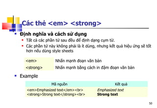 50
Các thẻ <em> <strong>
 Định nghĩa và cách sử dụng
 Tất cả các phần tử sau đều để định dạng cụm từ.
 Các phần tử này không phải là ít dùng, nhưng kết quả hiệu ứng sẽ tốt
hơn nếu dùng style sheets
 Example
<em> Nhấn mạnh đoạn văn bản
<strong> Nhấn mạnh bằng cách in đậm đoạn văn bản
Mã nguồn Kết quả
<em>Emphasized text</em><br>
<strong>Strong text</strong><br>
Emphasized text
Strong text
 