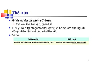 54
Thẻ <u>
 Định nghĩa và cách sử dụng
 Thẻ <u> khai báo ký tự gạch dưới.
 Lưu ý: Nên tránh gạch dưới ký tự, vì nó sẽ làm cho người
dùng nhầm lẫn với các siêu liên kết.
 Ví dụ
Mã nguồn Kết quả
A new version is <u>now available!</u> A new version is now available!
 