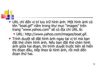 72
 URL chỉ đến vị trí lưu trữ hình ảnh. Một hình ảnh có
tên “boat.gif” nằm trong thư mục “images” trên
trang “www.yahoo.com” sẽ có địa chỉ URL là:
 URL: http://www.yahoo.com/images/boat.gif.
 Trình duyệt sẽ đặt hình ảnh ngay tại vị trí mà bạn
đặt thẻ chèn hình ảnh. Nếu bạn đặt thẻ chèn hình
ảnh giữa hai đoạn, thì trình duyệt trước tiên sẽ hiển
thị đoạn đầu, tiếp theo là hình ảnh, rồi mới đến
đoạn thứ hai.
 