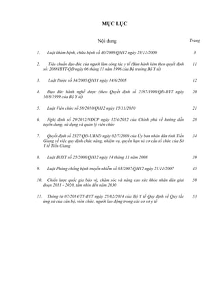 MỤC LỤC
Nội dung Trang
1. Luật khám bệnh, chữa bệnh số 40/2009/QH12 ngày 23/11/2009 3
2. Tiêu chuẩn đạo đức của người làm công tác y tế (Ban hành kèm theo quyết định
số: 20881BYT-QĐ ngày 06 tháng 11 nǎm 1996 của Bộ trưởng Bộ Y tế)
11
3. Luật Dược số 34/2005/QH11 ngày 14/6/2005 12
4. Đạo đức hành nghề dược (theo Quyết định số 2397/1999/QĐ-BYT ngày
10/8/1999 của Bộ Y tế)
20
5. Luật Viên chức số 58/2010/QH12 ngày 15/11/2010 21
6. Nghị định số 29/2012/NĐCP ngày 12/4/2012 của Chính phủ về hướng dẫn
tuyển dung, sử dụng và quản lý viên chức
28
7. Quyết định số 2327/QĐ-UBND ngày 02/7/2009 của Ủy ban nhân dân tỉnh Tiền
Giang về việc quy định chức năng, nhiệm vụ, quyền hạn và cơ cấu tổ chức của Sở
Y tế Tiền Giang
34
8. Luật BHYT số 25/2008/QH12 ngày 14 tháng 11 năm 2008 39
9. Luật Phòng chống bệnh truyền nhiễm số 03/2007/QH12 ngày 21/11/2007 45
10. Chiến lược quốc gia bảo vệ, chăm sóc và nâng cao sức khỏe nhân dân giai
đoạn 2011 - 2020, tầm nhìn đến năm 2030
50
11. Thông tư 07/2014/TT-BYT ngày 25/02/2014 của Bộ Y tế Quy định về Quy tắc
ứng xử của cán bộ, viên chức, người lao động trong các cơ sở y tế
53
 