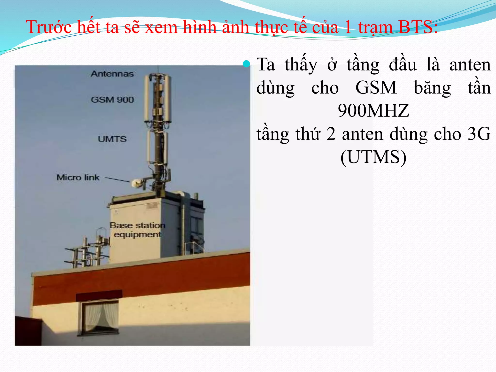 Trước hết ta sẽ xem hình ảnh thực tế của 1 trạm BTS:
 Ta thấy ở tầng đầu là anten
dùng cho GSM băng tần
900MHZ
tầng thứ 2 anten dùng cho 3G
(UTMS)
 