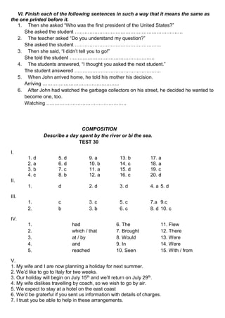 VI. Finish each of the following sentences in such a way that it means the same as
the one printed before it.
1. Then she asked “Who was the first president of the United States?”
She asked the student …………………………………………………………
2. The teacher asked “Do you understand my question?”
She asked the student ……………………………………………..
3. Then she said, “I didn’t tell you to go!”
She told the student …………………………………………….
4. The students answered, “I thought you asked the next student.”
The student answered ……………………………………………..
5. When John arrived home, he told his mother his decision.
Arriving ………………………………………..
6. After John had watched the garbage collectors on his street, he decided he wanted to
become one, too.
Watching ………………………………………….
COMPOSITION
Describe a day spent by the river or bi the sea.
TEST 30
I.
1. d 5. d 9. a 13. b 17. a
2. a 6. d 10. b 14. c 18. a
3. b 7. c 11. a 15. d 19. c
4. c 8. b 12. a 16. c 20. d
II.
1. d 2. d 3. d 4. a 5. d
III.
1. c 3. c 5. c 7.a 9.c
2. b 3. b 6. c 8. d 10. c
IV.
1. had 6. The 11. Flew
2. which / that 7. Brought 12. There
3. at / by 8. Would 13. Were
4. and 9. In 14. Were
5. reached 10. Seen 15. With / from
V.
1. My wife and I are now planning a holiday for next summer.
2. We’d like to go to Italy for two weeks.
3. Our holiday will begin on July 15th
and we’ll return on July 29th
.
4. My wife dislikes travelling by coach, so we wish to go by air.
5. We expect to stay at a hotel on the east coast
6. We’d be graterful if you sent us information with details of charges.
7. I trust you be able to help in these arrangements.
 