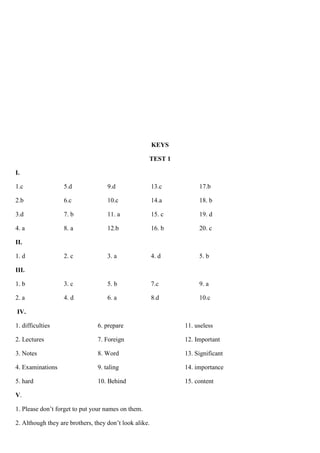 KEYS
TEST 1
I.
1.c 5.d 9.d 13.c 17.b
2.b 6.c 10.c 14.a 18. b
3.d 7. b 11. a 15. c 19. d
4. a 8. a 12.b 16. b 20. c
II.
1. d 2. c 3. a 4. d 5. b
III.
1. b 3. c 5. b 7.c 9. a
2. a 4. d 6. a 8.d 10.c
IV.
1. difficulties 6. prepare 11. useless
2. Lectures 7. Foreign 12. Important
3. Notes 8. Word 13. Significant
4. Examinations 9. taling 14. importance
5. hard 10. Behind 15. content
V.
1. Please don’t forget to put your names on them.
2. Although they are brothers, they don’t look alike.
 
