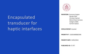 Encapsulated
transducer for
haptic intarfaces
INVENTORS: Francesca Sorgini
Renato Caliò
Christian Cipriani
Maria Chiara Carrozza
Calogero Oddo
Carmen Galassi
STATUS PATENT: Granted
PRIORITY N° : 102016000002346
PRIORITY DATE: 13/01/2016
PUBLISHED AS: IT; PCT
 