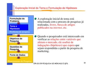 Planejamento da Pesquisa
Exploração Inicial do Tema e Formulação de Hipóteses
A exploração inicial do tema está
relacionada com a procura de pesquisas já
realizadas, livros, busca de artigos
publicados na internet, etc.
Quando o pesquisador está interessado em
verificar as relações entre variáveis que
afetam o mercado, ele usufrui de
indagações (hipóteses) que espera que
sejam respondidas a partir da pesquisa de
marketing.
Formulação do
Problema
Tema e
Hipóteses
Objetivos de
Pesquisa
Questões de
Pesquisa
Fonte de Dados
Problema de pesquisa
 
