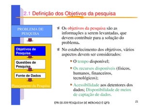 2.1 Definição dos Objetivos da pesquisa
Os objetivos da pesquisa são as
informações a serem levantadas, que
devem contribuir para a solução do
problema.
No estabelecimento dos objetivos, vários
aspectos devem ser considerados:
O tempo disponível;
Os recursos disponíveis (físicos,
humanos, financeiros,
tecnológicos);
Acessibilidade aos detentores dos
dados; Disponibilidade de meios
de captação de dados.
Planejamento da Pesquisa
Objetivos de
Pesquisa
Questões de
Pesquisa
Fonte de Dados
PROBLEMA DE
PESQUISA
 
