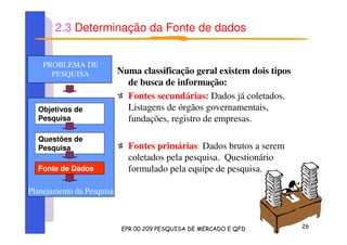 2.3 Determinação da Fonte de dados
Numa classificação geral existem dois tipos
de busca de informação:
Fontes secundárias: Dados já coletados.
Listagens de órgãos governamentais,
fundações, registro de empresas.
Fontes primárias: Dados brutos a serem
coletados pela pesquisa. Questionário
formulado pela equipe de pesquisa.
Planejamento da Pesquisa
Objetivos de
Pesquisa
Questões de
Pesquisa
Fonte de Dados
PROBLEMA DE
PESQUISA
 