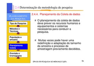 2.4.4. Planejamento da Coleta de dados
O planejamento da coleta de dados
deve prever os recursos humanos e
equipamentos e sistemas
necessários para conduzir a
pesquisa.
Muitas vezes pode haver uma
redefinição e adaptação do tamanho
da amostra e processo de
amostragem previamente decididos.
Tipo de Pesquisa
Métodos e
Técnicas
População e
amostra
Planejamento
Coleta
Previsão e
Cronograma
PLANEJAMENTO
DA PESQUISA
PLANEJAMENTO
DA PESQUISA
2.4 Determinação da metodologia de pesquisa
 