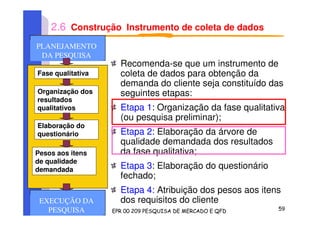 2.6 Construção Instrumento de coleta de dados
Recomenda-se que um instrumento de
coleta de dados para obtenção da
demanda do cliente seja constituído das
seguintes etapas:
Etapa 1: Organização da fase qualitativa
(ou pesquisa preliminar);
Etapa 2: Elaboração da árvore de
qualidade demandada dos resultados
da fase qualitativa;
Etapa 3: Elaboração do questionário
fechado;
Etapa 4: Atribuição dos pesos aos itens
dos requisitos do cliente
Fase qualitativa
Organização dos
resultados
qualitativos
Elaboração do
questionário
Pesos aos itens
de qualidade
demandada
PLANEJAMENTO
DA PESQUISA
PLANEJAMENTO
DA PESQUISA
PLANEJAMENTO
DA PESQUISA
EXECUÇÃO DA
PESQUISA
 