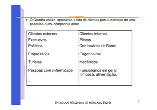 O Quadro abaixo apresenta a lista de clientes para o exemplo de uma
pesquisa numa companhia aérea.
......
Funcionários em geral
(limpeza, alimentação,
Pessoas com enfermidade
MecânicosTuristas
EngenheirosEmpresários
Comissários de BordoPolíticos
PilotosExecutivos
Clientes internosClientes externos
 